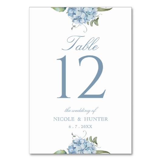 Elegant Dusty Blue Hydrangea Wedding Table Number Kaart (Voorkant)