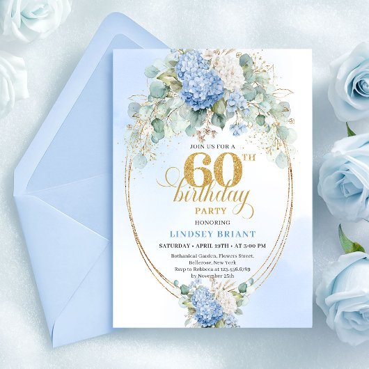 Elegant Dusty Blue Hydrangeas 60th Invitation Kaart