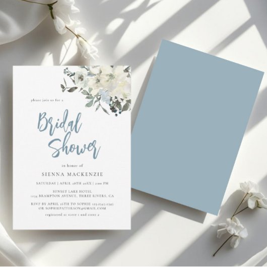 Elegant Dusty Blue Ivory Floral Bridal Shower Kaart