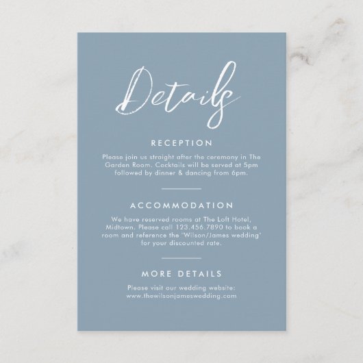 Elegant Dusty Blue Kalligrafie Bruiloft Details Informatiekaartje (Voorkant)