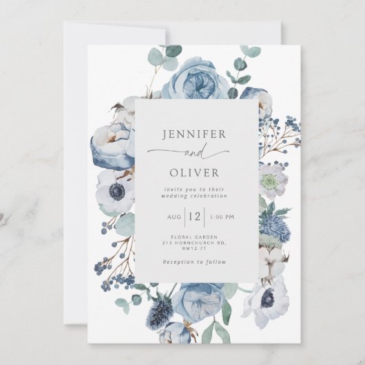 Elegant Dusty blue lijst bruiloft Kaart (Voorkant)