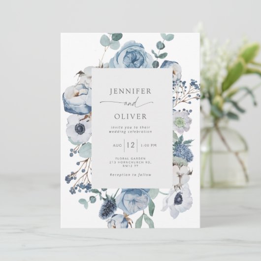 Elegant Dusty blue lijst bruiloft Kaart (Staand voorkant)