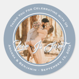 Elegant Dusty Blue Love Is Sweet Wedding Foto Ronde Sticker