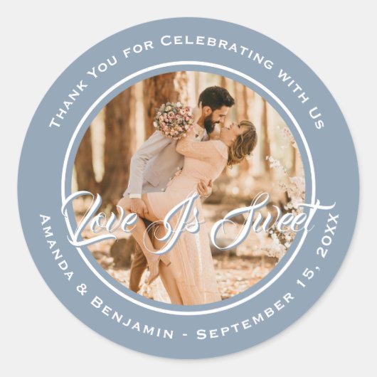 Elegant Dusty Blue Love Is Sweet Wedding Foto Ronde Sticker (Voorkant)