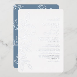 Elegant Dusty Blue Minimal Silver Leaf Wedding Folie Uitnodiging