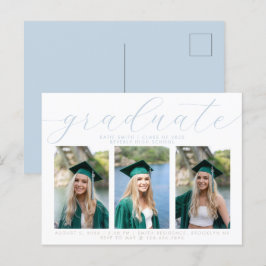 Elegant Dusty Blue Minimalist Afstuderen 3 Foto Uitnodiging Briefkaart