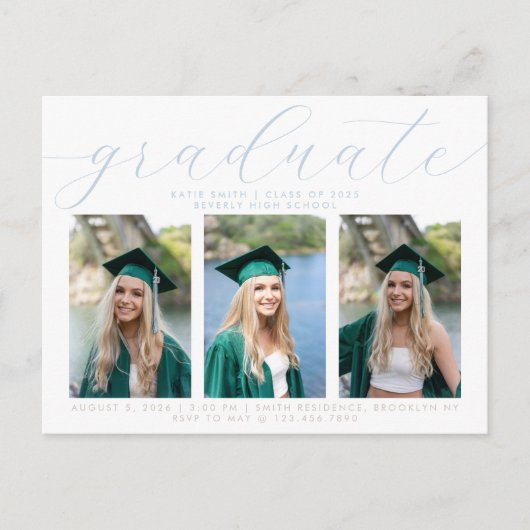 Elegant Dusty Blue Minimalist Afstuderen 3 Foto Uitnodiging Briefkaart (Voorkant)