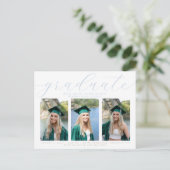 Elegant Dusty Blue Minimalist Afstuderen 3 Foto Uitnodiging Briefkaart (Staand voorkant)