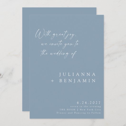 Elegant Dusty Blue Minimalist Chic Script Weddensc Kaart (Voorkant / Achterkant)