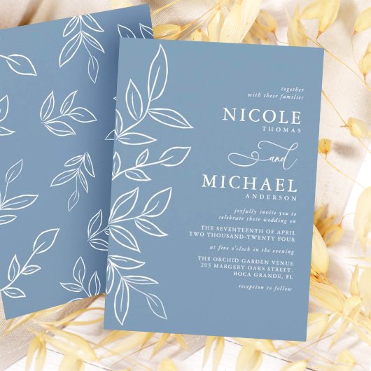 Elegant Dusty Blue Minimalist Leaves Wedding Kaart