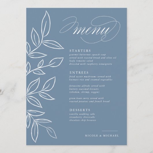 Elegant Dusty Blue Minimalist Leaves Wedding Menu (Voorkant)