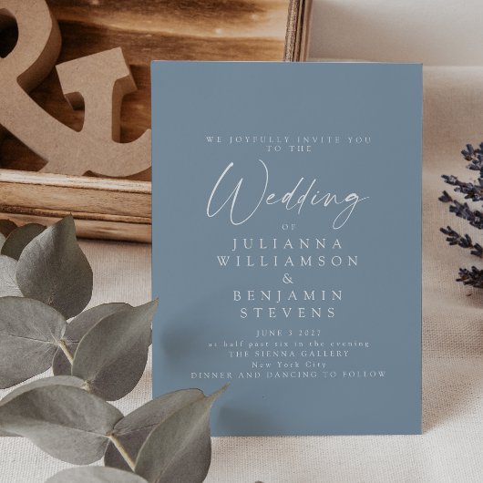Elegant Dusty Blue Minimalist Script Wedding Kaart
