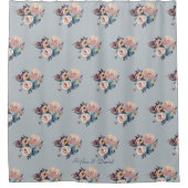 Elegant Dusty Blue Misty Roos Flowers Monogram Douchegordijn (Voorkant)