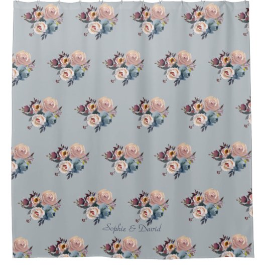 Elegant Dusty Blue Misty Roos Flowers Monogram Douchegordijn (Voorkant)