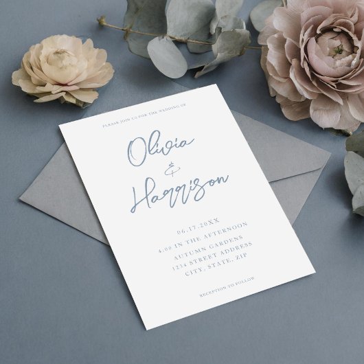 Elegant Dusty Blue Modern Calligraphy Wedding Kaart
