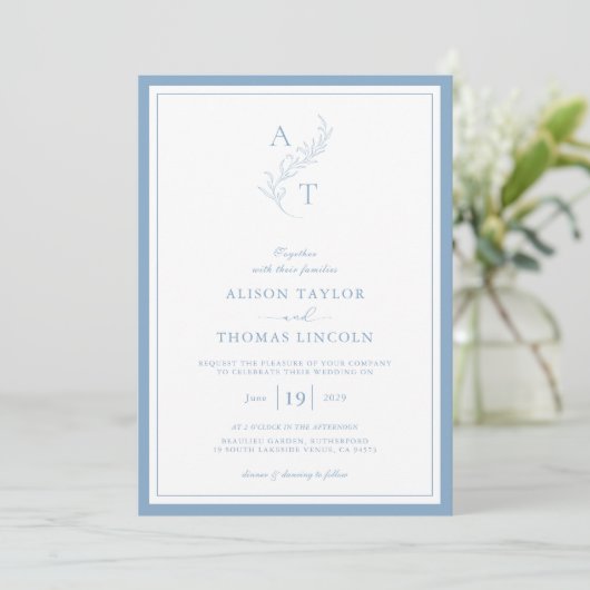 Elegant Dusty Blue Monogram Bruiloft Lijst Kaart (Staand voorkant)