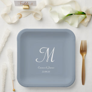 Elegant Dusty Blue Monogram Bruiloft Partij Cockta Papieren Bordje