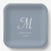 Elegant Dusty Blue Monogram Bruiloft Partij Cockta Papieren Bordje (Voorkant)