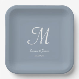 Elegant Dusty Blue Monogram Bruiloft Partij Cockta Papieren Bordje