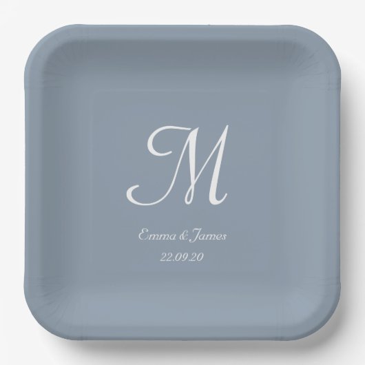 Elegant Dusty Blue Monogram Bruiloft Partij Cockta Papieren Bordje (Voorkant)
