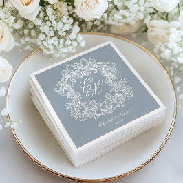 Elegant Dusty Blue Monogram Crest Script Wedding Servet