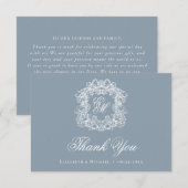 Elegant Dusty Blue Monogram Crest Vintage Wedding  Bedankkaart (Voorkant / Achterkant)