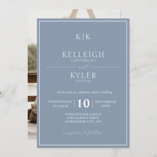 Elegant Dusty Blue Monogram Foto Weddenschap Kaart (Voorkant / Achterkant)