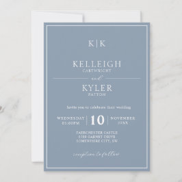 Elegant Dusty Blue Monogram Foto Weddenschap Kaart