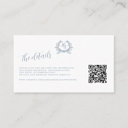 Elegant Dusty Blue Monogram QR Code Details Informatiekaartje (Voorkant)