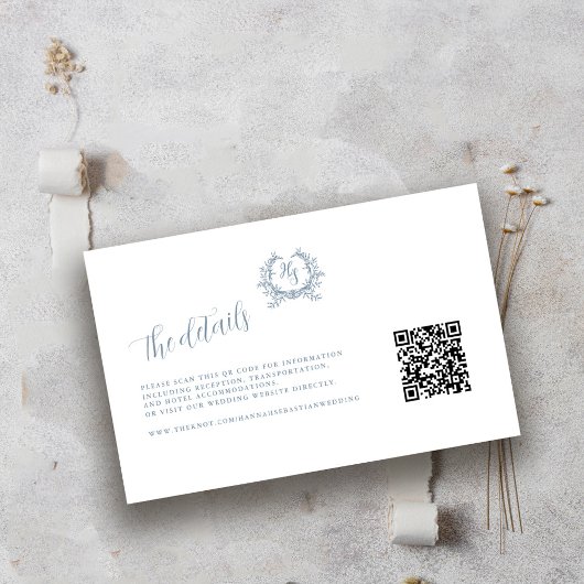 Elegant Dusty Blue Monogram QR Code Details Informatiekaartje