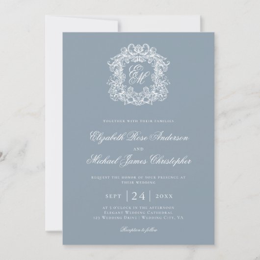 Elegant Dusty Blue Monogram Wedding Crest Kaart (Voorkant)