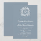 Elegant Dusty Blue Monogram Wedding Crest Kaart (Voorkant / Achterkant)
