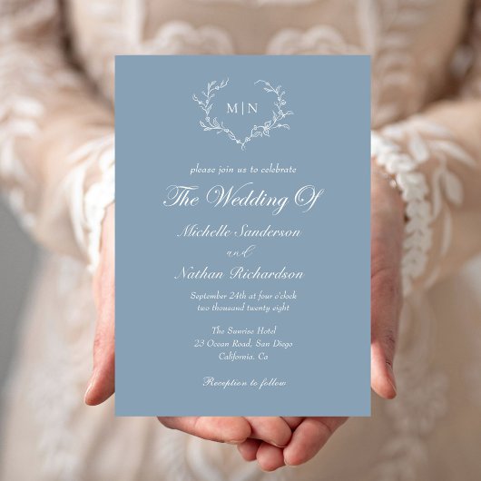 Elegant Dusty Blue Monogram Wedding Kaart