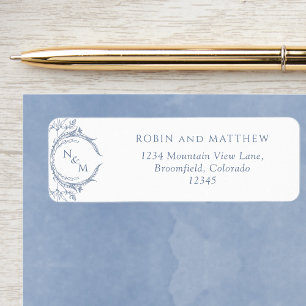 Elegant Dusty Blue Monogram Wedding Return Address Etiket