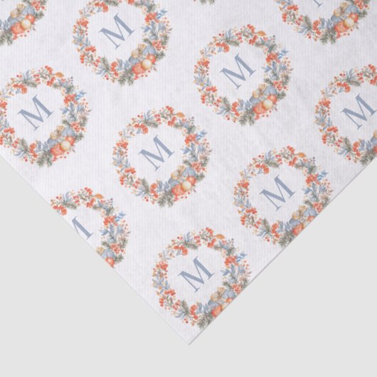 Elegant Dusty Blue Monogram Wreath Christmas Tissuepapier (Detail)