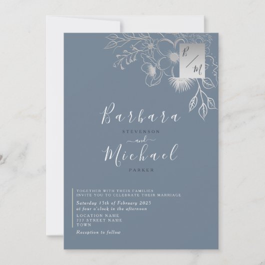 Elegant Dusty Blue Monogrammed Wedding Invitation Kaart (Voorkant)