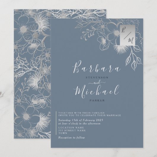 Elegant Dusty Blue Monogrammed Wedding Invitation Kaart (Voorkant / Achterkant)