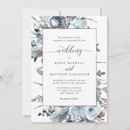 Elegant Dusty Blue, Navy and White Floral Wedding Kaart (Voorkant)