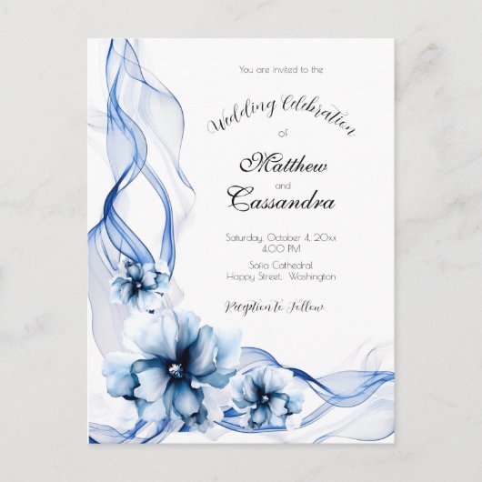 Elegant Dusty Blue Navy Bloemen Bruiloft Briefkaart (Voorkant)