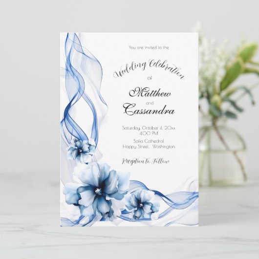 Elegant Dusty Blue Navy Bloemen Bruiloft Kaart (Staand voorkant)