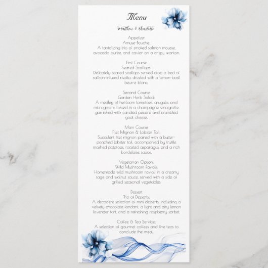 Elegant Dusty Blue Navy Bloemen Bruiloft Menu (Voorkant)