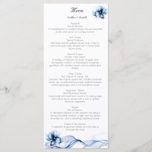 Elegant Dusty Blue Navy Bloemen Bruiloft Menu (Voorkant)