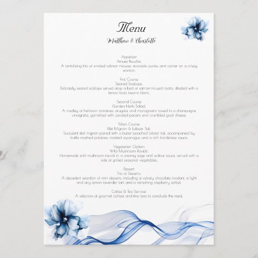 Elegant Dusty Blue Navy Bloemen Bruiloft Menu (Voorkant)