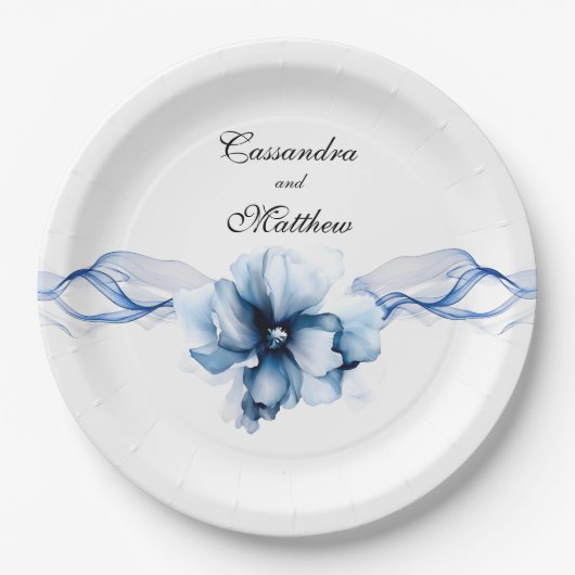 Elegant Dusty Blue Navy Bloemen Bruiloft Papieren Bordje (Voorkant)