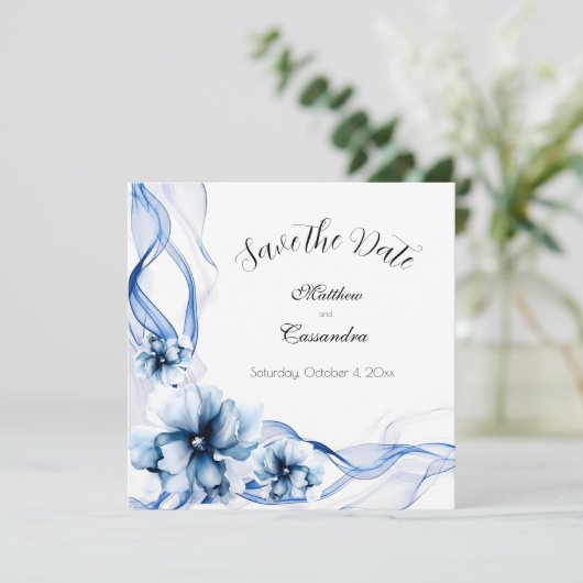 Elegant Dusty Blue Navy Bloemen Bruiloft Save The Date (Staand voorkant)