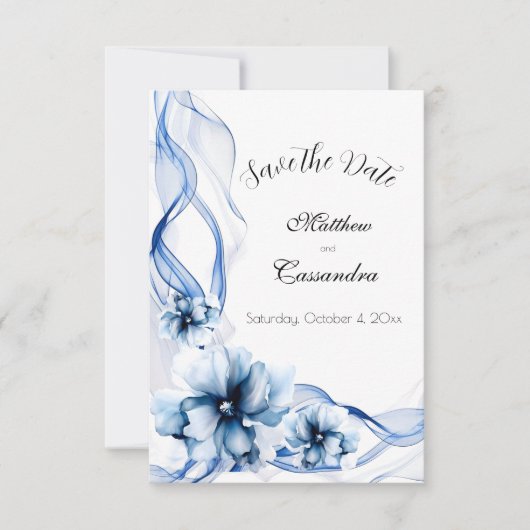 Elegant Dusty Blue Navy Bloemen Bruiloft Save The Date (Voorkant)