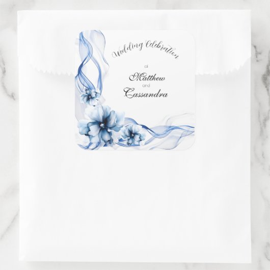 Elegant Dusty Blue Navy Bloemen Bruiloft Vierkante Sticker (Tas)