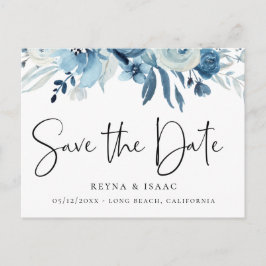 Elegant Dusty Blue Navy Floral Save the Date Aankondigingskaart