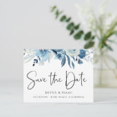 Elegant Dusty Blue Navy Floral Save the Date Aankondigingskaart (Staand voorkant)