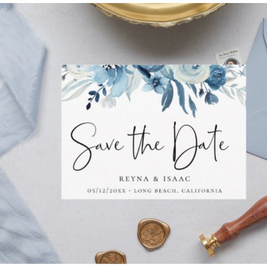 Elegant Dusty Blue Navy Floral Save the Date Aankondigingskaart